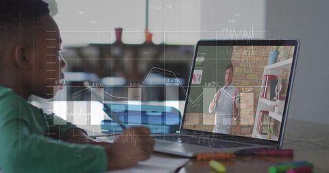 Schoolboy Watching Online Tutor on Laptop with Study Materials and Data Graphs Overlay