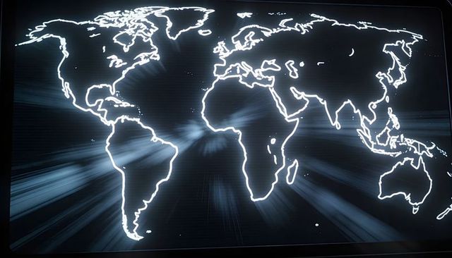 Glowing world map displaying neon holographic network with light streaks and digital grid