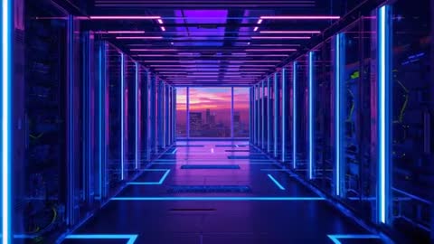 Cyberpunk Server Room Corridor in Neon Lighting