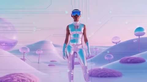 Futuristic Explorer in Chrome Suit in Virtual Reality Landscape