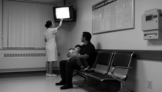 Nurse adjusting crt television while father holding sleeping child in clinic waiting area