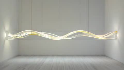 Suspended Luminescent Ribbon Sculpture Shifting Colors and Casting Ambient Glow — Video Loop