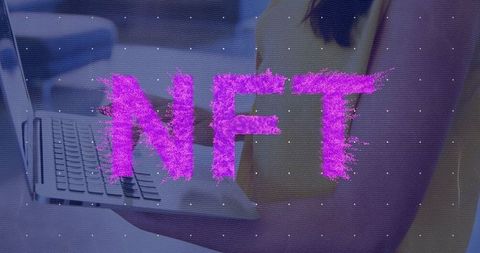 Woman in Yellow Top Working on Laptop with NFT Glitch Overlay