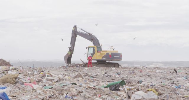 General view of landfill with piles of litter, worker and excavator - Download Free Stock Photos Pikwizard.com
