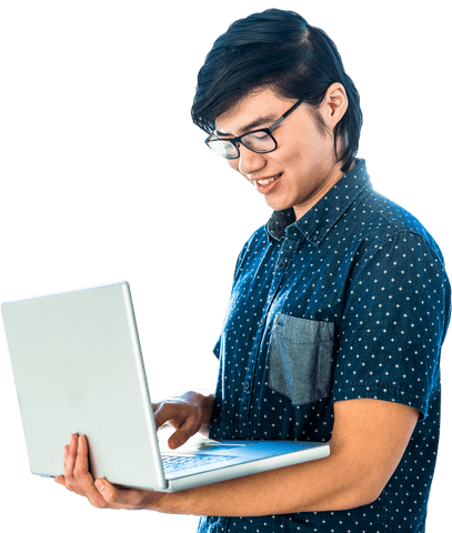 Trendy Asian Professional Using Laptop Leans Forward Studio Shot Transparent Background - Download Free Stock Videos Pikwizard.com