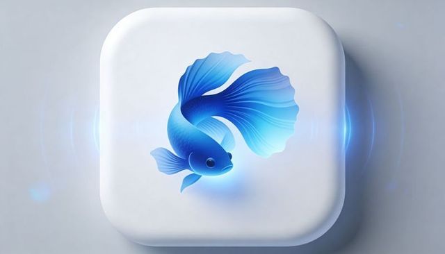 Swimming blue betta fish icon on rounded tile for app ui and branding