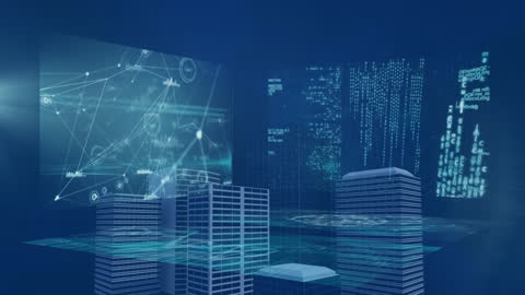 Digital Data Networks Over Futuristic Cityscape