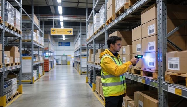 Warehouse operator scanning pallet barcodes for inventory control using handheld scanner