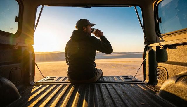 Man sitting at pickup tailgate drinking coffee at desert sunrise golden hour
