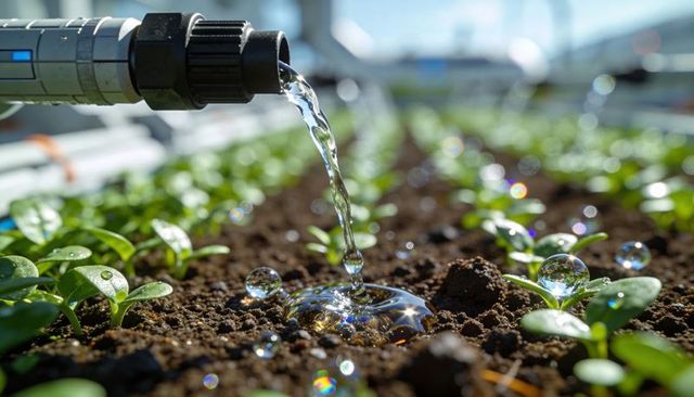 Greenhouse irrigation nozzle pouring water onto seedling bed with glistening droplets