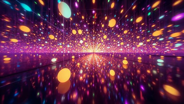 Immersive mirror gallery of glowing orbs reflecting on polished floor toward bright center