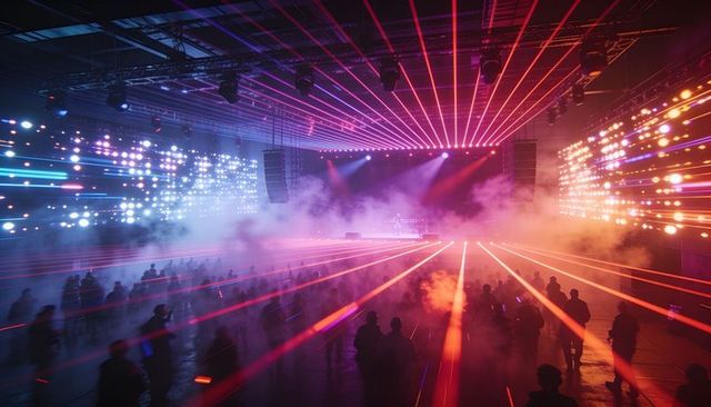 Immersive pulsing laser stage with neon haze and crowd silhouettes in industrial concert venue