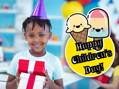 child celebrating children's day with gifts and party hat - Download Free Stock Templates Pikwizard.com