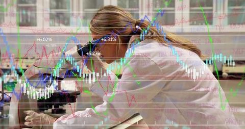 Scientist examining microscope with stock chart overlay blending research and analytics