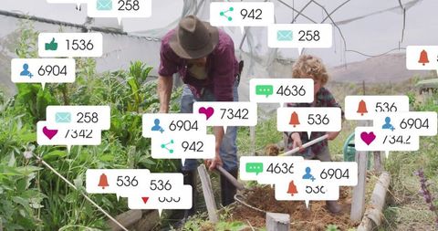 Parent and child gardening with social media engagement
