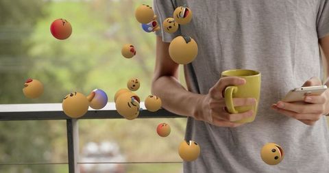 Digital Communication Concept with Floating Emojis on a Relaxing Morning