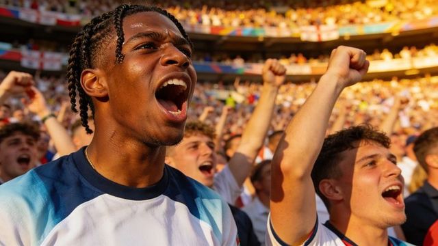 Crowd of fans cheering in stadium, young man with braids leading chant, game day energy