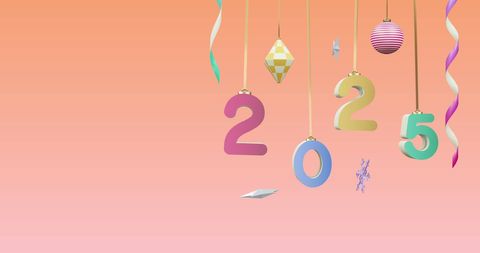 Festive 2025 Hanging Decorations on Pink Gradient Background