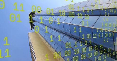 Futuristic office building with transparent binary code overlay