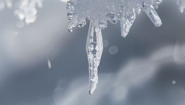 Faceted icicle refracting light with trapped bubbles and dripping droplet macro prismatic