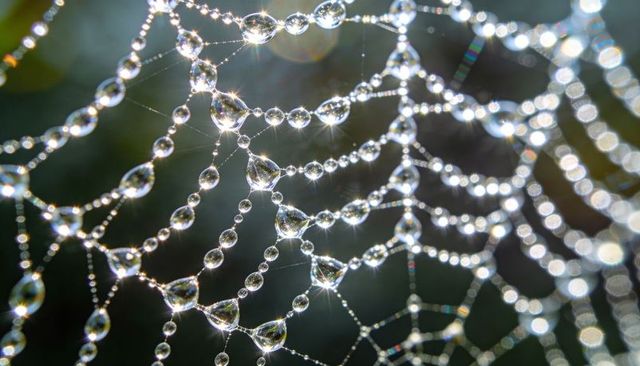 Glittering Dew Spider Web Catching Morning Light with Crystal Droplets and Bokeh