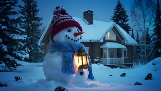 Snowman Illuminated Lantern Creating Cozy Winter Scene at Dusk