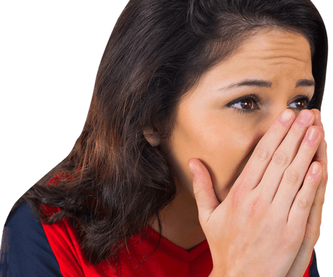 Transparent Nervous Female Sports Fan Covering Mouth in Red Shirt