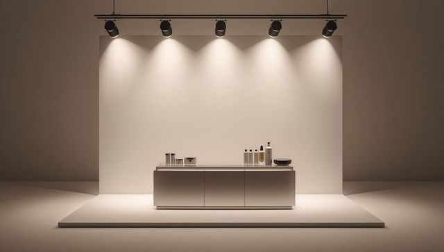 Minimalist Skincare Display Showcasing Low Matte Console, Pump Bottles and Spotlights