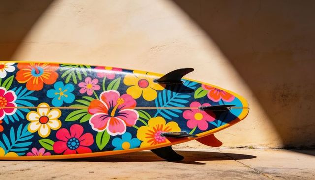 Floral surfboard leaning in warm sunlight against textured stucco wall
