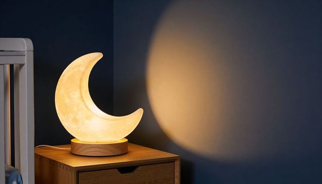 Warm crescent moon lamp on wooden base casting soft ambient glow for nursery nightstand