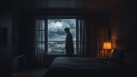 Silhouetted man watching stormy ocean through hotel window at night with moody lamp glow