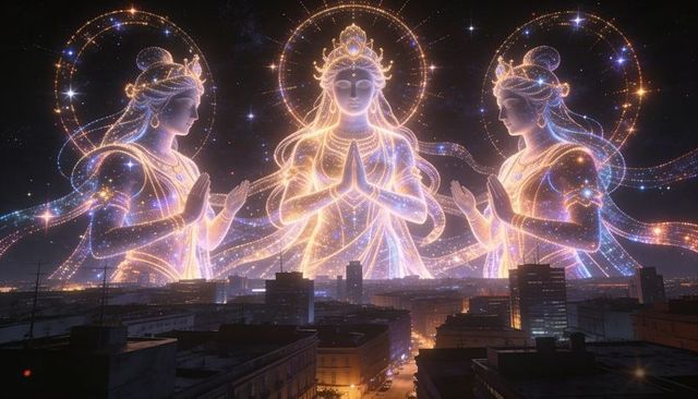 Celestial deity trio hovering above urban skyline at night, luminous halos and starry robes
