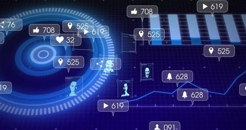 Futuristic digital interface with analytics and holographic elements