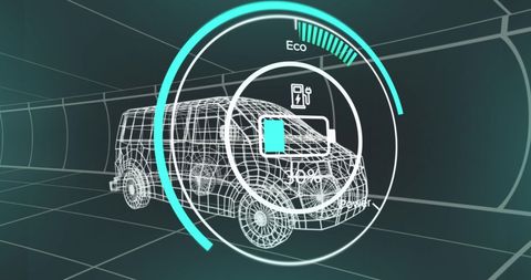 Futuristic car dashboard displaying battery status in digital interface