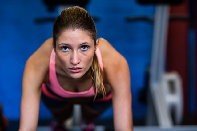 This image is perfect for fitness blogs, gym advertisements, workout programs, and motivational posters. It captures the intensity and focus of a female athlete during a push-up exercise, making it ideal for promoting physical fitness and active lifestyles.