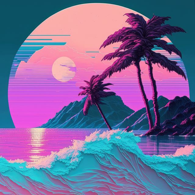 Vivid digital artwork showcasing a fantasy beach scene with neon colors. Palms sway as waves crash in the glowing sunset. Great for adding a unique, vibrant touch to designs, covers, and posters.