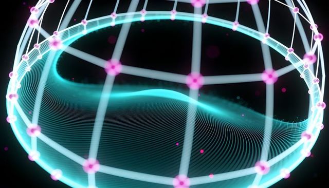 Rotating holographic sphere with turquoise mesh, magenta nodes, futuristic tech background