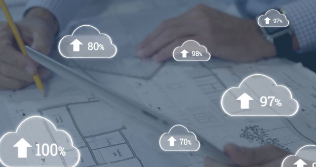 Businesspeople Discussing Cloud Data Transfer Over Architectural Plans - Download Free Stock Images Pikwizard.com