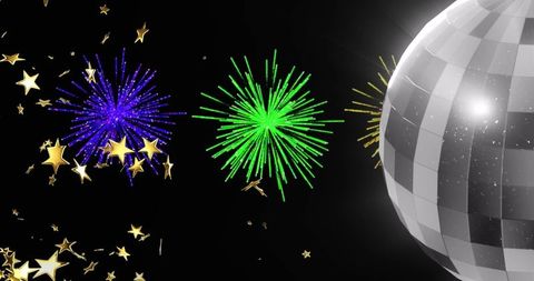 Festive disco ball with vibrant fireworks and star confetti