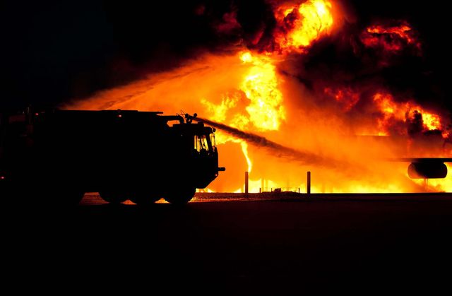 A fire truck is seen battling a massive blaze at night, with bright orange flames lighting up the sky. The silhouette of the fire truck adds a dramatic effect to the scene. This image is ideal for use in content related to firefighting, emergency response, safety awareness, heroism, and crisis management.
