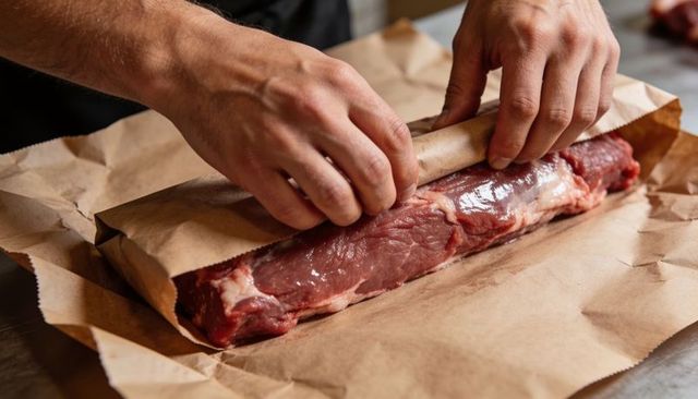 Butcher rolling kraft paper around raw beef tenderloin on stainless counter