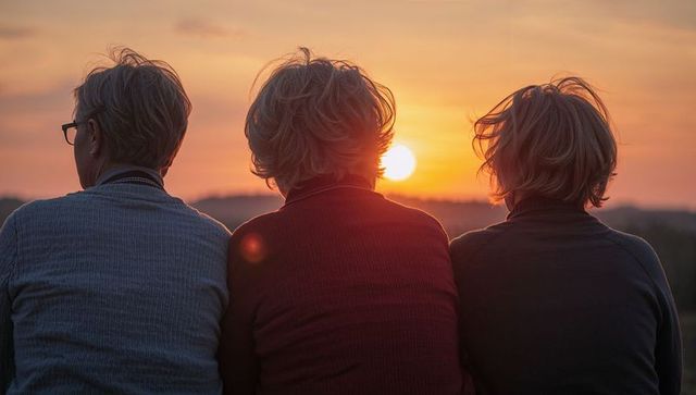 Senior women watching sunset while sitting on low wall, friendship and golden hour bonding