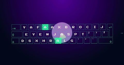 Stylized neon keyboard displaying green-striped keys and play icon on purple gradient