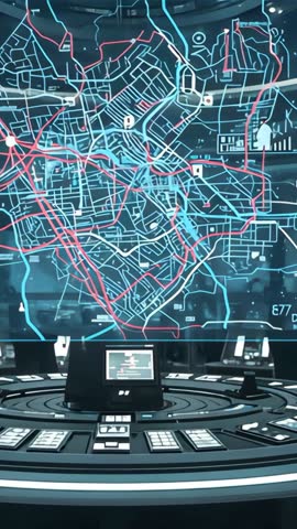 Projecting interactive city map hologram in futuristic command center showing real-time route data