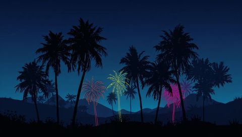 Neon-outlined palm silhouettes glowing under midnight-blue tropical sky with rolling hills