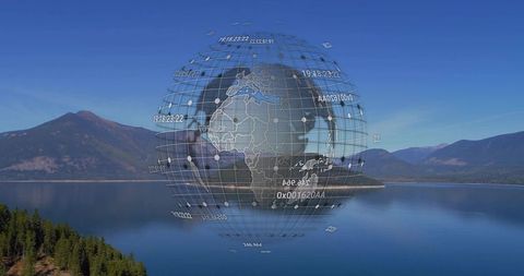Floating Digital Globe Overlay on Lake with Mountain View