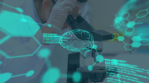 Scientist Using Microscope with Digital Data Overlay