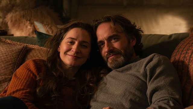 Affectionate couple relaxing on sofa in warm ambient living room with textured pillows
