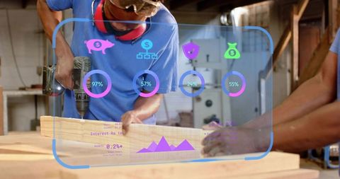 Workers drilling and steadying timber with augmented reality financial analytics overlay