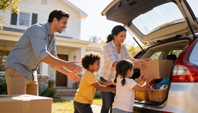 Family packing suv in suburban driveway preparing for weekend trip or moving day